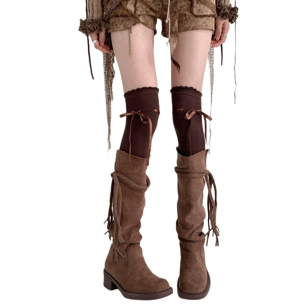 Women's Bow Tie Lace-Up Thigh-High\u002FKnee-High Pile Socks - Over-the-Knee (OTK) Stockings for Jk Costume, Office, Uniforms - Hand Washable Winter hosiery with Bow Accent, Solid Color for matching
