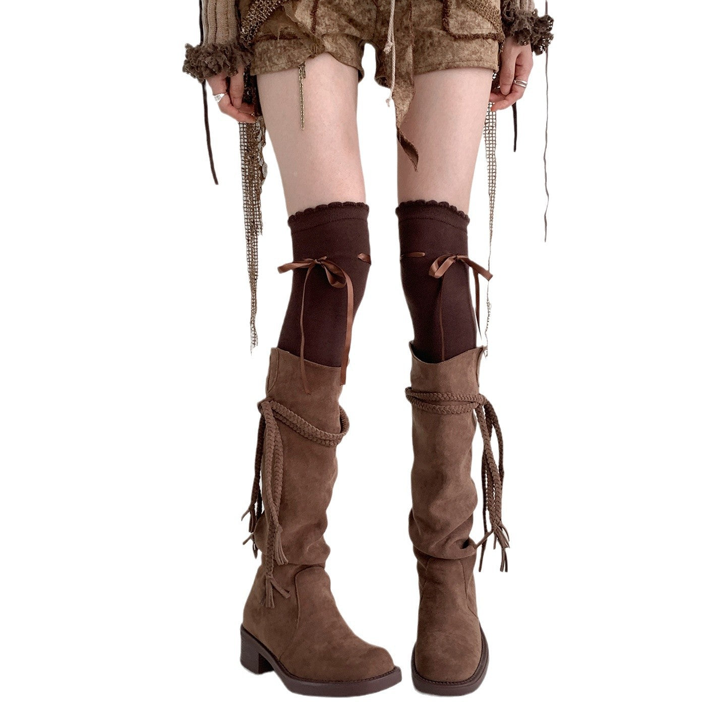 Women's Bow Tie Lace-Up Thigh-High\u002FKnee-High Pile Socks - Over-the-Knee (OTK) Stockings for Jk Costume, Office, Uniforms - Hand Washable Winter hosiery with Bow Accent, Solid Color for matching