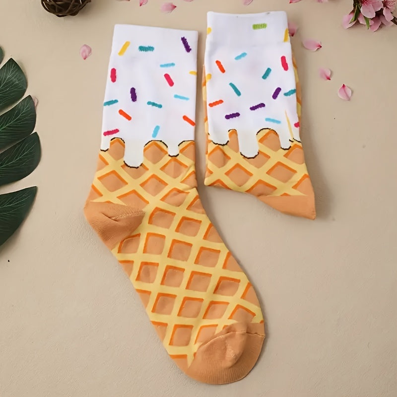 A Pair of Cartoon College Breathable Ice Cream Cake Women's Mid Tube Socks M