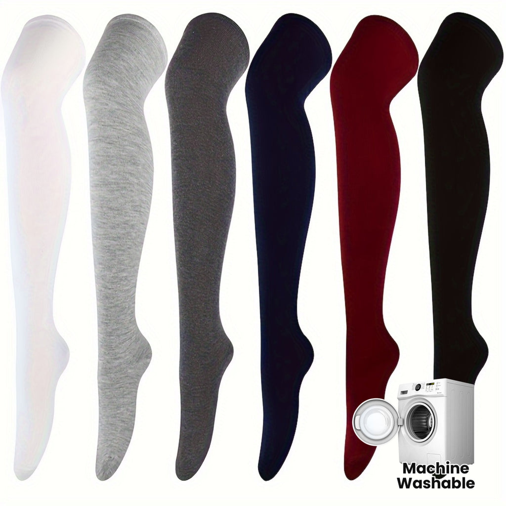 6pcs Women'S Elegant Solid Color Thigh-High Knee Socks - Glossy Finish, Smooth Texture, All-Season Wear, \u002FElastane Blend (Machine Washable\u002FDry Cleanable) - Shiny Tights for Parties, Casual & Casual Attire - Comfortable Stretch Fit