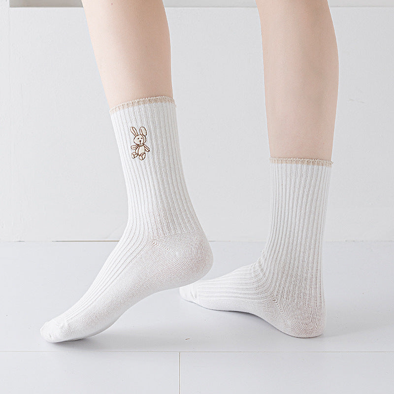 Women'S New Socks, Medium Tube Socks with a Japanese Double-Needle Bunny Design in Solid Colors