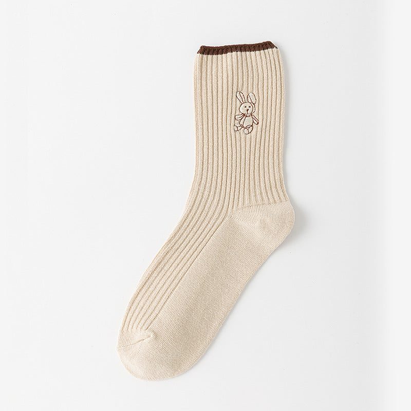 Women'S New Socks, Medium Tube Socks with a Japanese Double-Needle Bunny Design in Solid Colors
