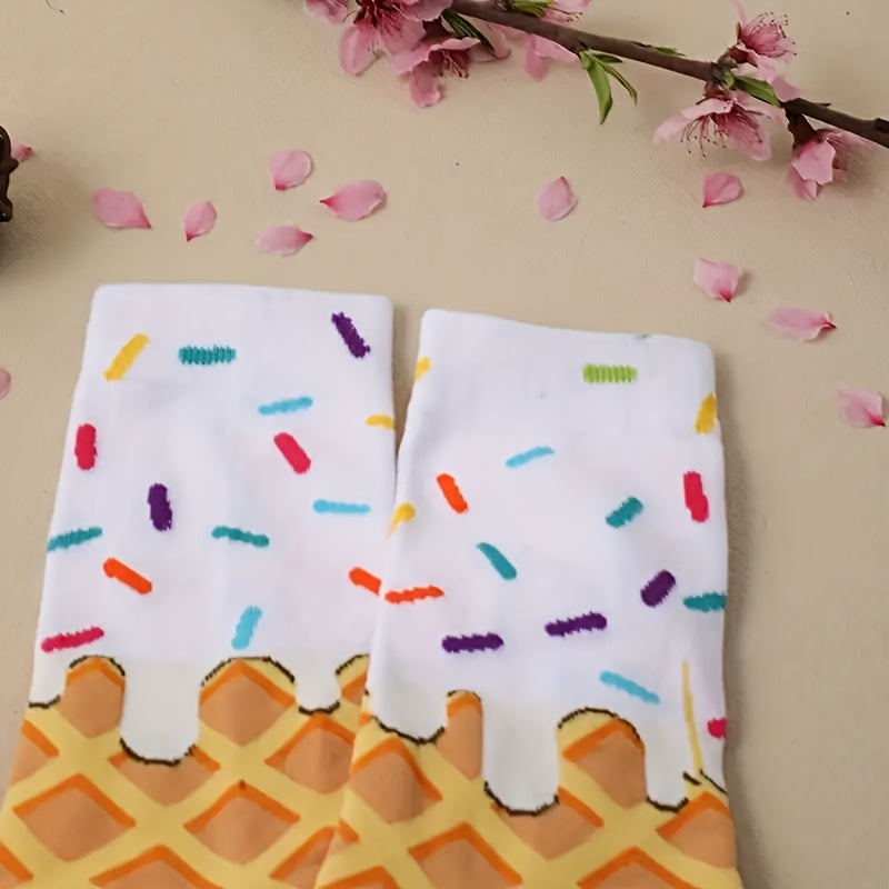 A Pair of Cartoon College Breathable Ice Cream Cake Women's Mid Tube Socks M