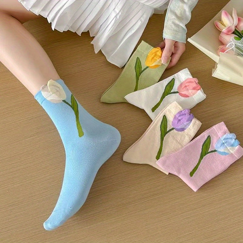 10\u002F20\u002F30 Pairs of New Women'S Spring And Autumn Boneless Socks, Tulip Mid-Length Socks, Sweet And Versatile Long Socks Suitable for All Seasons