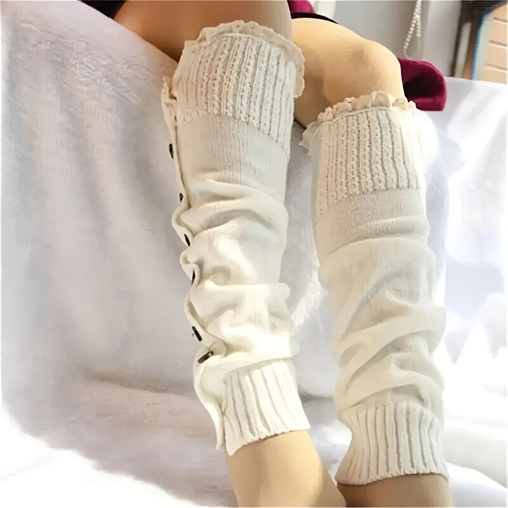 1 pair of lace cold-proof fashion socks, outdoor knee high-elasticity leg-warming pantyhose cover,  Cold Weather Wear, Trendy Legwear, Stylish Hosiery, Stretchable Fabric, Warm Material, Thermal Socks, Kneehigh Socks, Men's Fashion, Outdoor