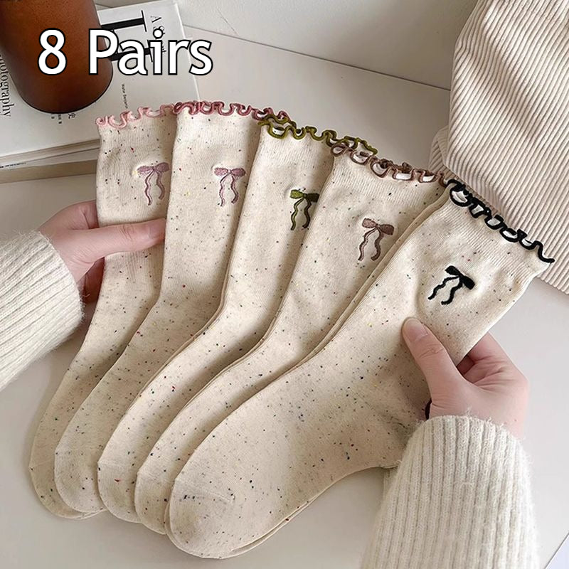 8 Pairs Women's Spring Summer Versatile Breathable Moisture-Wicking Lace Trim Crew Socks, Cute Dot Bow & Vintage Slouchy Socks, All-Season Comfortable Hosiery