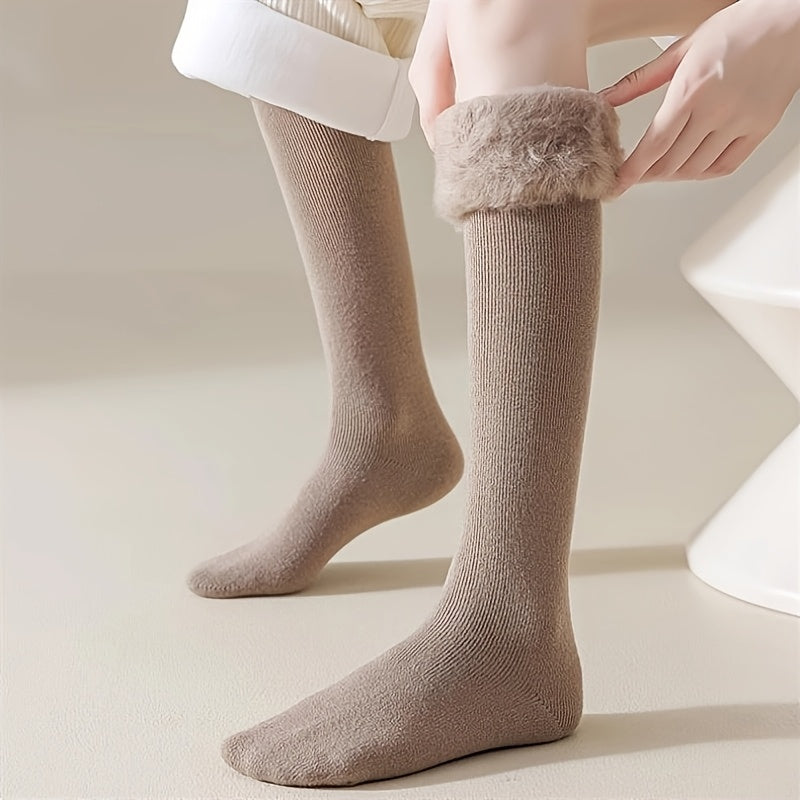 3 Pairs of Women'S Thickened Warm Over-The-Knee Socks - Extreme Cold Protection - Beige\u002F Black\u002F Grey - Daily And Special Occasions, Winter Thermal Socks, Ribbed Edges, Fleece Lining, Soft Material, Outdoor Thermal Socks