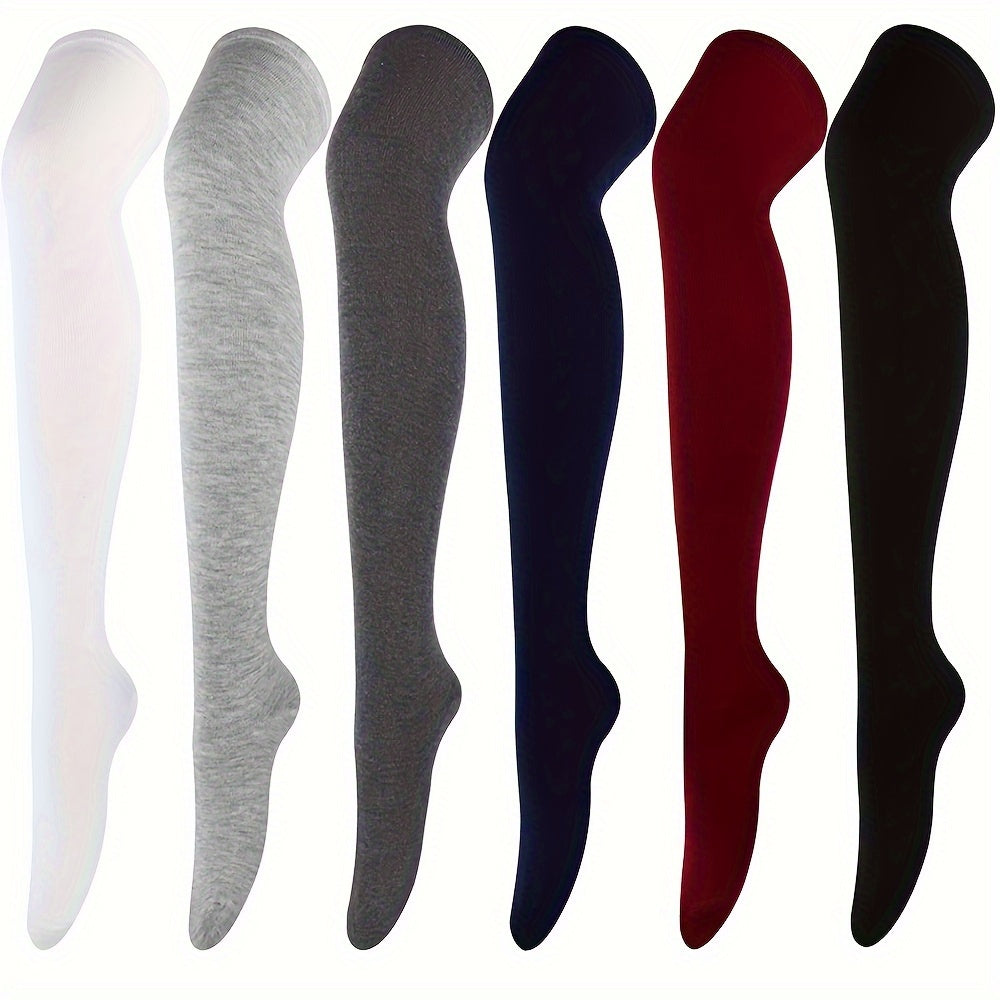 6pcs Women'S Elegant Solid Color Thigh-High Knee Socks - Glossy Finish, Smooth Texture, All-Season Wear, \u002FElastane Blend (Machine Washable\u002FDry Cleanable) - Shiny Tights for Parties, Casual & Casual Attire - Comfortable Stretch Fit