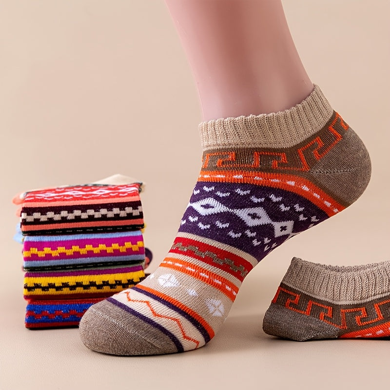 15 Pairs of Retro Ethnic-Style Short Socks for Spring And Summer with Contrasting Patterns, Trendy And Versatile Women'S Socks