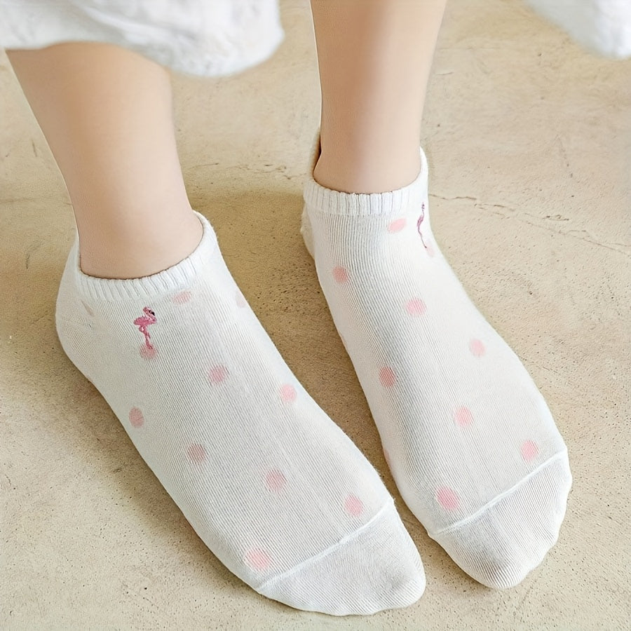 5-Pack Women's Embroidered Flamingo Pattern Casual Ankle Socks