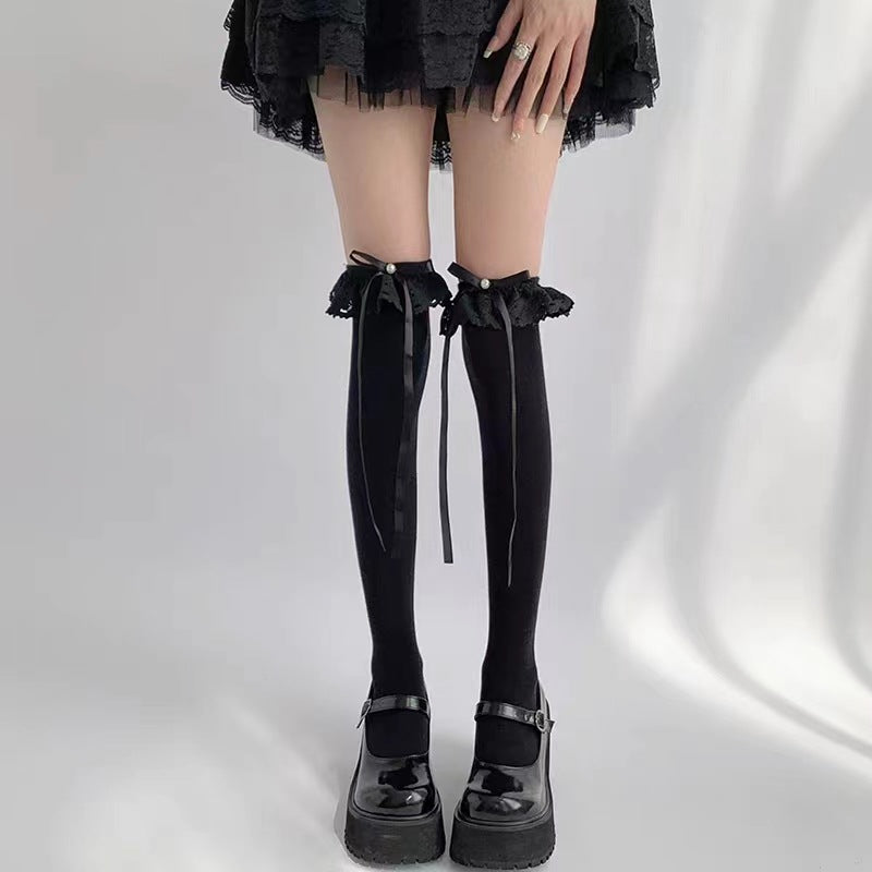 Women's Bow Tie Lace-Up Thigh-High\u002FKnee-High Pile Socks - Over-the-Knee (OTK) Stockings for Jk Costume, Office, Uniforms - Hand Washable Winter hosiery with Bow Accent, Solid Color for matching