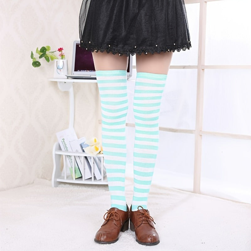 3-pc, Girls' Cute Color Striped Socks, Over-Knee Socks, Thigh-High Over-Knee Socks - Striped Boot Socks And Leg Warmers for Daily, Sports And Cosplay