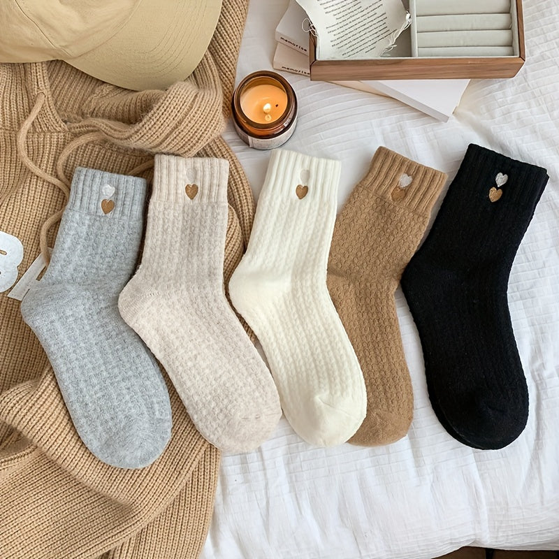5 Pairs of Winter Thickened Heart Socks, Women's Autumn and Winter Thick Towel Socks, White Warm Mid-Calf Socks, Simple Versatile Mid-Calf Socks