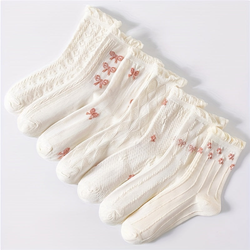 5\u002F7 Pairs of Bowknot Ruffled Socks, Sweet And Cute Mid-Calf Socks, Women'S Long Socks And Stockings