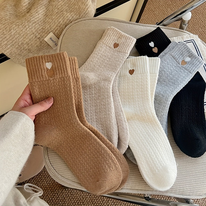 5 Pairs of Winter Thickened Heart Socks, Women's Autumn and Winter Thick Towel Socks, White Warm Mid-Calf Socks, Simple Versatile Mid-Calf Socks