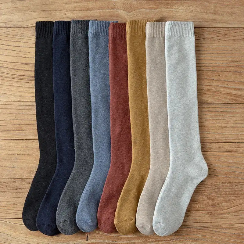 6 Pairs of Men'S Thick Warm Knee Socks - Pure Winter Warmth, Textured Loop Fabric, Multi-Color Set (Black, Dark Gray, Navy Blue, Wine Red, Khaki, Beige) - Elbow-Length Cold-Resistant Tights