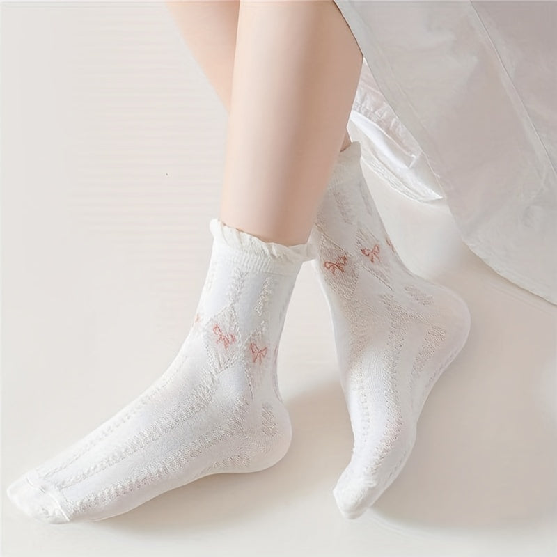 5\u002F7 Pairs of Bowknot Ruffled Socks, Sweet And Cute Mid-Calf Socks, Women'S Long Socks And Stockings