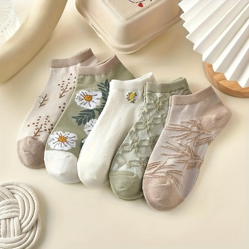 Randomly Send 10 Pairs of Mixed Color Short Socks - Summer Boat Socks, Low-Cut, Shallow Mouth Women'S Socks in a Japanese Retro Artistic Style, Breathable And Comfortable.