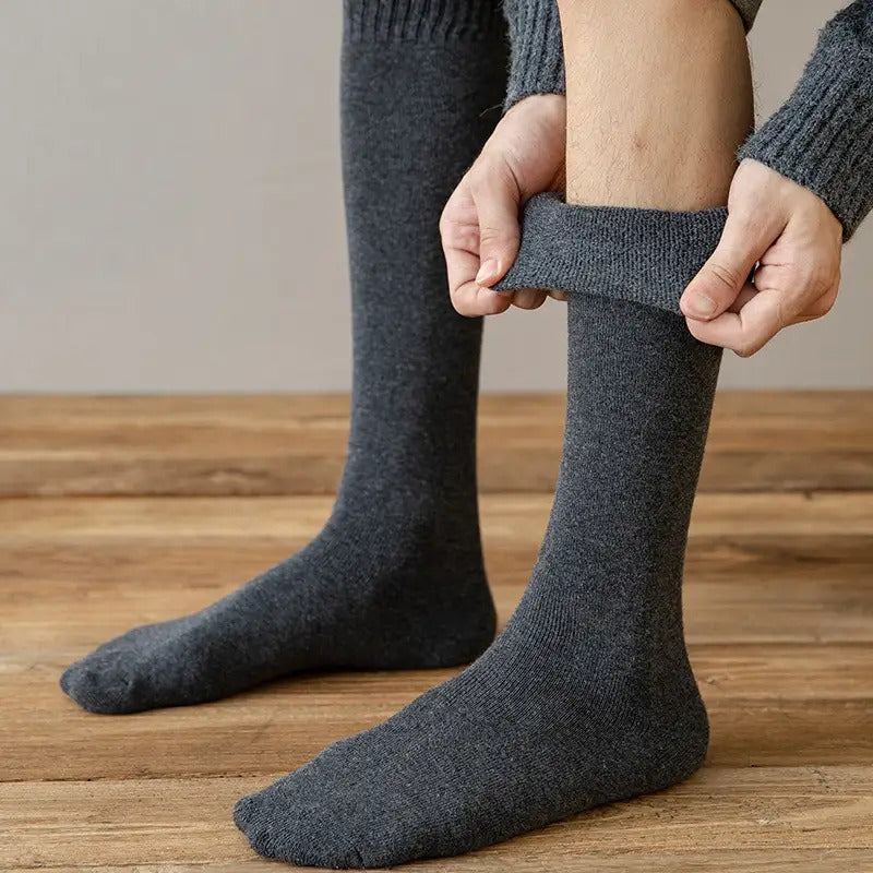 6 Pairs of Men'S Thick Warm Knee Socks - Pure Winter Warmth, Textured Loop Fabric, Multi-Color Set (Black, Dark Gray, Navy Blue, Wine Red, Khaki, Beige) - Elbow-Length Cold-Resistant Tights