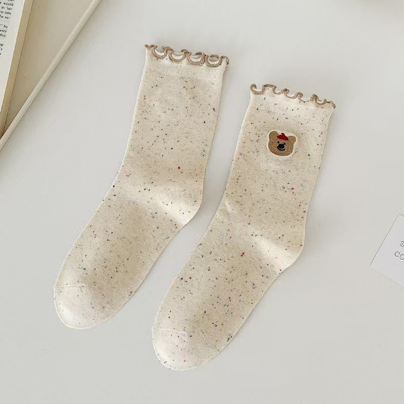 8 Pairs Women's Spring Summer Versatile Breathable Moisture-Wicking Lace Trim Crew Socks, Cute Dot Bow & Vintage Slouchy Socks, All-Season Comfortable Hosiery