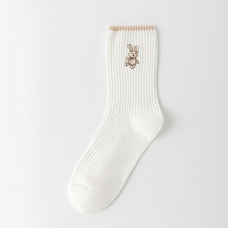 Women'S New Socks, Medium Tube Socks with a Japanese Double-Needle Bunny Design in Solid Colors