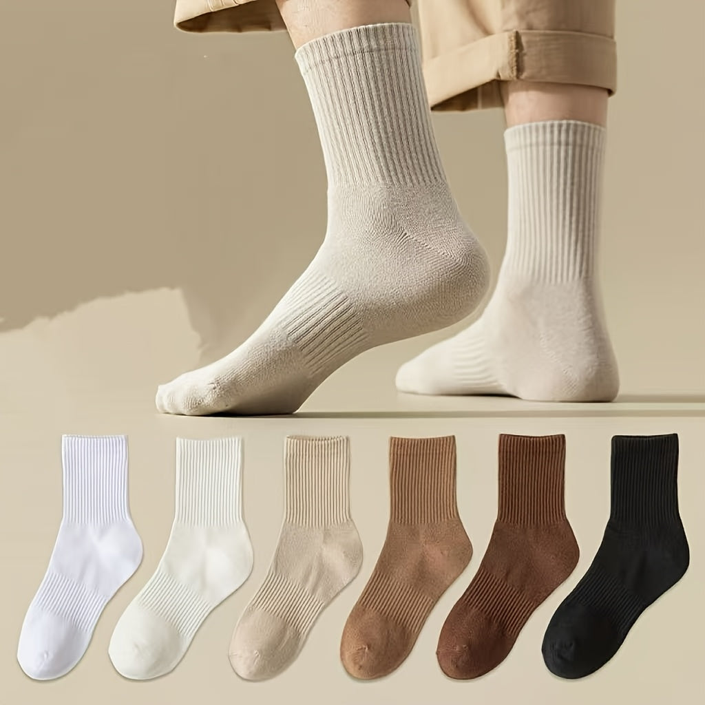 4 Pairs Men'S Mid-Calf Athletic Socks - Breathable, Anti-Pilling, Highly Elastic, Solid Colors (White, Beige, Brown, Black) for Fall & Winter Sports, Breathable Socks | Retro Style Socks | Durable Socks, Sweat-Resistant