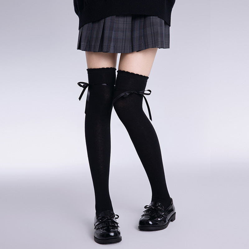 Women's Bow Tie Lace-Up Thigh-High\u002FKnee-High Pile Socks - Over-the-Knee (OTK) Stockings for Jk Costume, Office, Uniforms - Hand Washable Winter hosiery with Bow Accent, Solid Color for matching