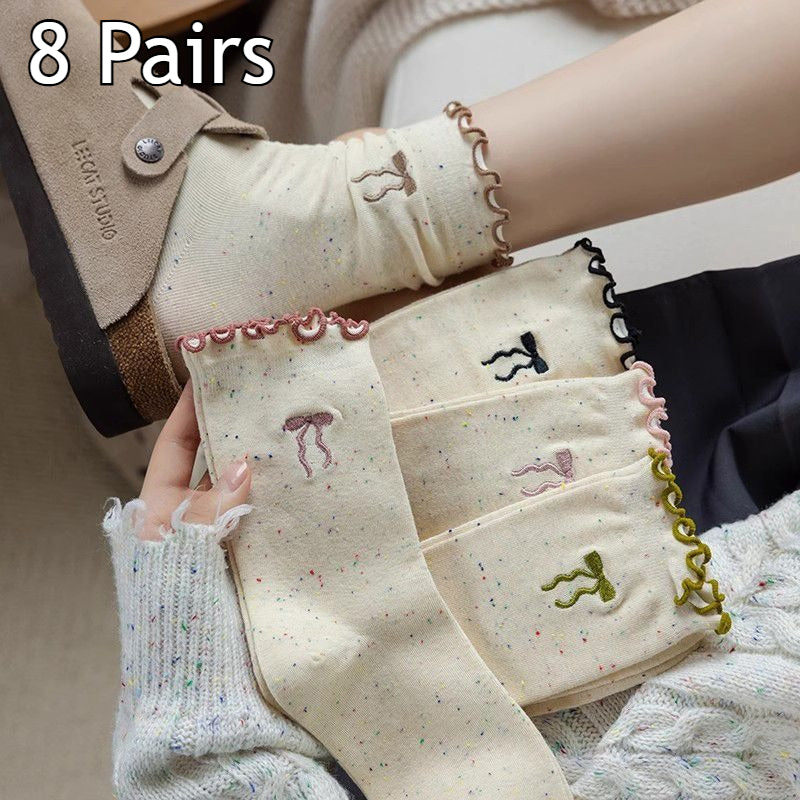 8 Pairs Women's Spring Summer Versatile Breathable Moisture-Wicking Lace Trim Crew Socks, Cute Dot Bow & Vintage Slouchy Socks, All-Season Comfortable Hosiery