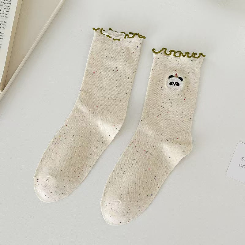 8 Pairs Women's Spring Summer Versatile Breathable Moisture-Wicking Lace Trim Crew Socks, Cute Dot Bow & Vintage Slouchy Socks, All-Season Comfortable Hosiery