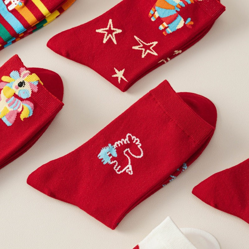 5 pairs of Festive Wedding Socks | Big Red Cartoon Rainbow Horse Chinese New Year Female Medium Tube Socks, Acrylic, Fabric, Geometric Pattern, Hand Wash or Professional Dry Clean