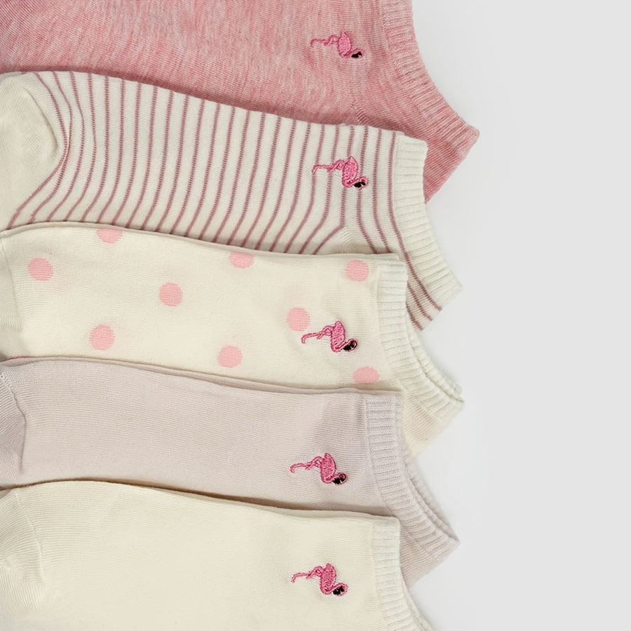 5-Pack Women's Embroidered Flamingo Pattern Casual Ankle Socks