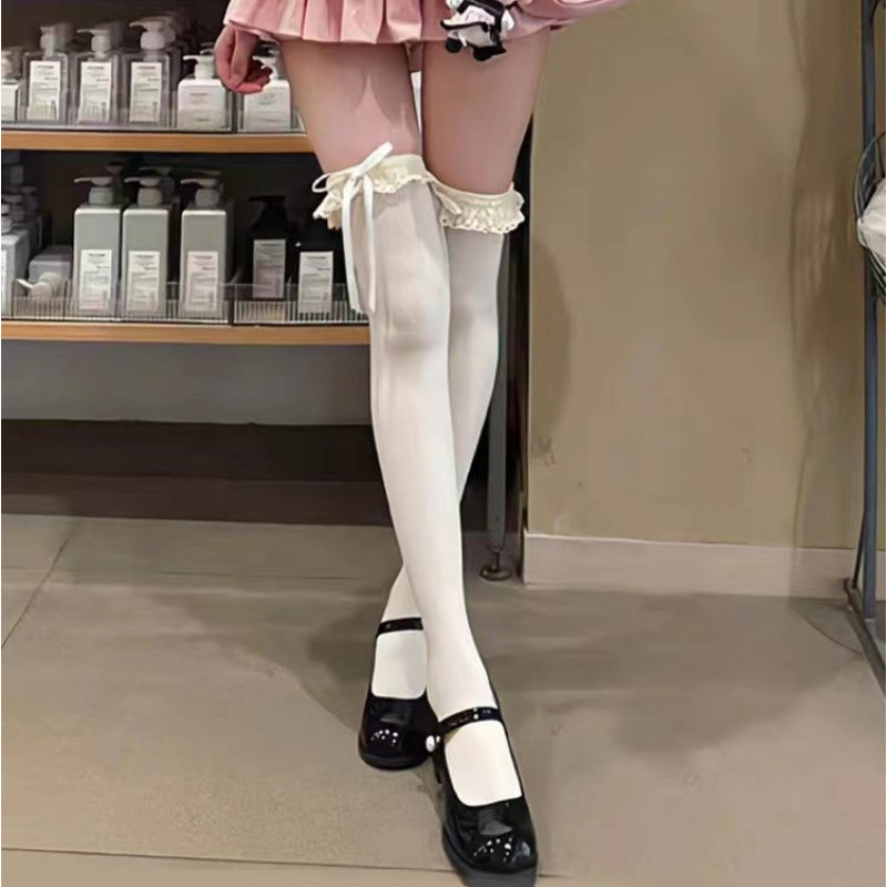 Women's Bow Tie Lace-Up Thigh-High\u002FKnee-High Pile Socks - Over-the-Knee (OTK) Stockings for Jk Costume, Office, Uniforms - Hand Washable Winter hosiery with Bow Accent, Solid Color for matching