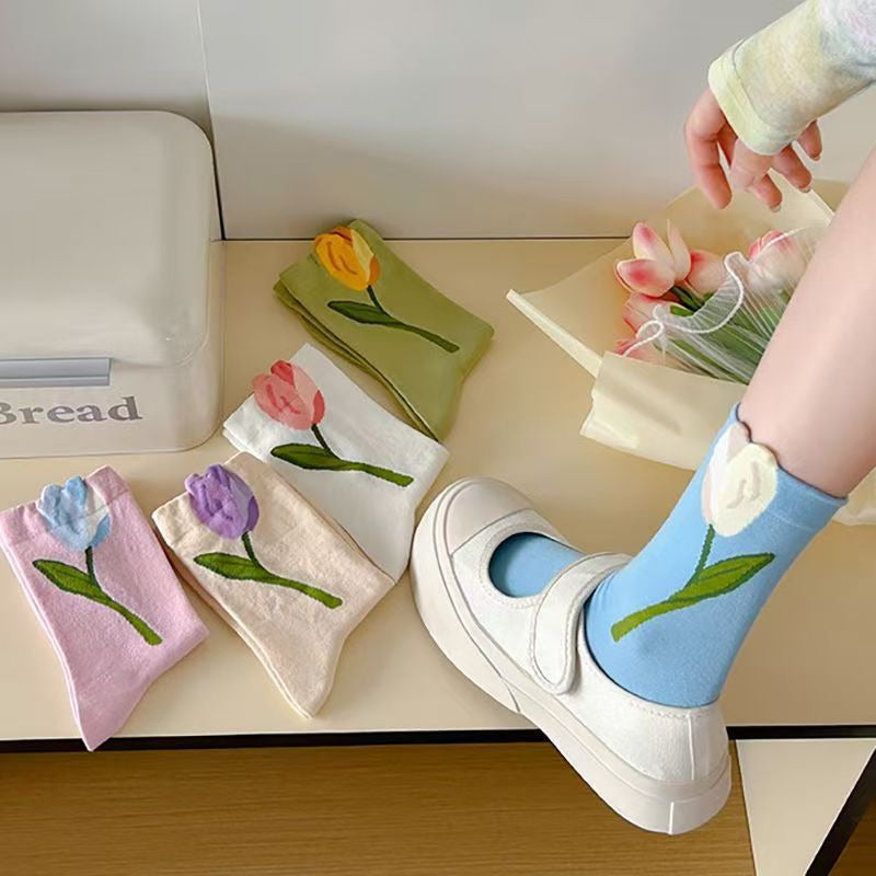 10\u002F20\u002F30 Pairs of New Women'S Spring And Autumn Boneless Socks, Tulip Mid-Length Socks, Sweet And Versatile Long Socks Suitable for All Seasons