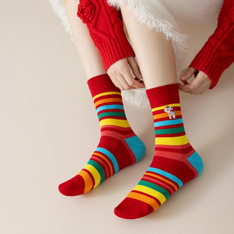 5 pairs of Festive Wedding Socks | Big Red Cartoon Rainbow Horse Chinese New Year Female Medium Tube Socks, Acrylic, Fabric, Geometric Pattern, Hand Wash or Professional Dry Clean
