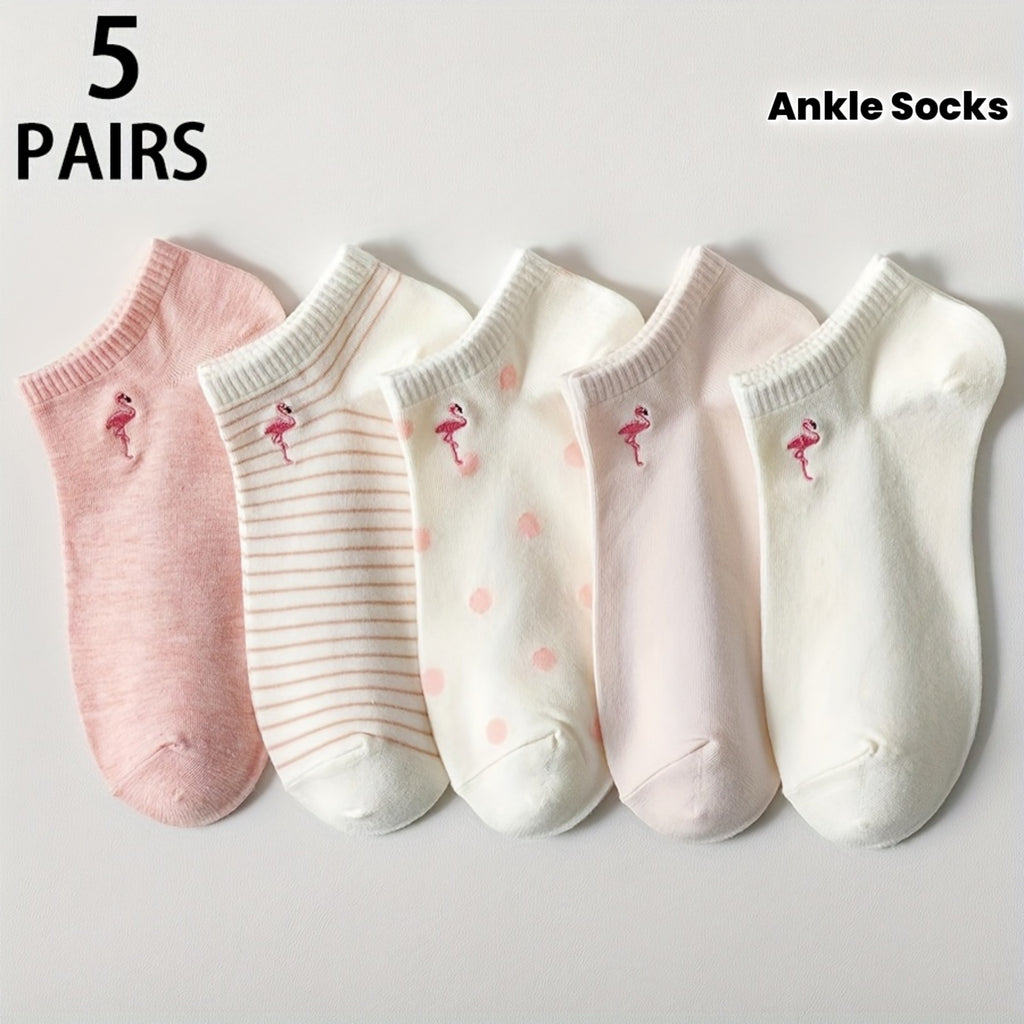 5-Pack Women's Embroidered Flamingo Pattern Casual Ankle Socks