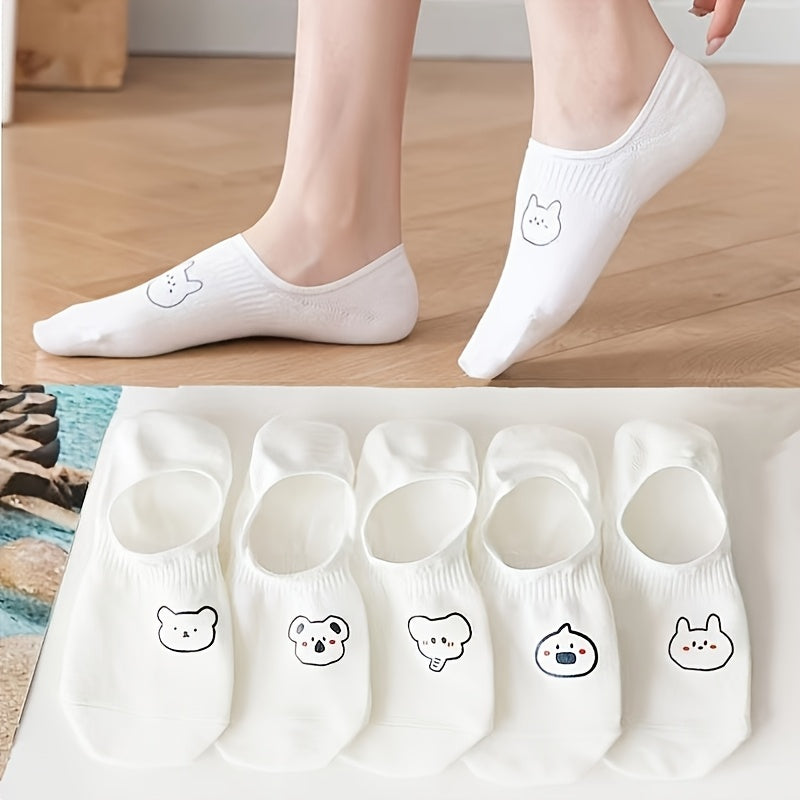 10\u002F20 Pairs of Women'S Cartoon Pattern Low-Cut Invisible Socks, Summer Anti-Slip Short Style, Fiber And Fabric