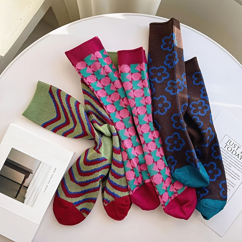 Vintage | Geometric 3 Pairs Women's Socks | Vintage Diamond Wave Stripes, Geometric Pattern, Mid-Calf, Artistic Pile, British Style, Hand Wash