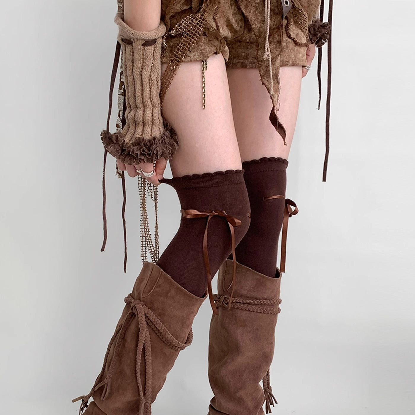 Women's Bow Tie Lace-Up Thigh-High\u002FKnee-High Pile Socks - Over-the-Knee (OTK) Stockings for Jk Costume, Office, Uniforms - Hand Washable Winter hosiery with Bow Accent, Solid Color for matching