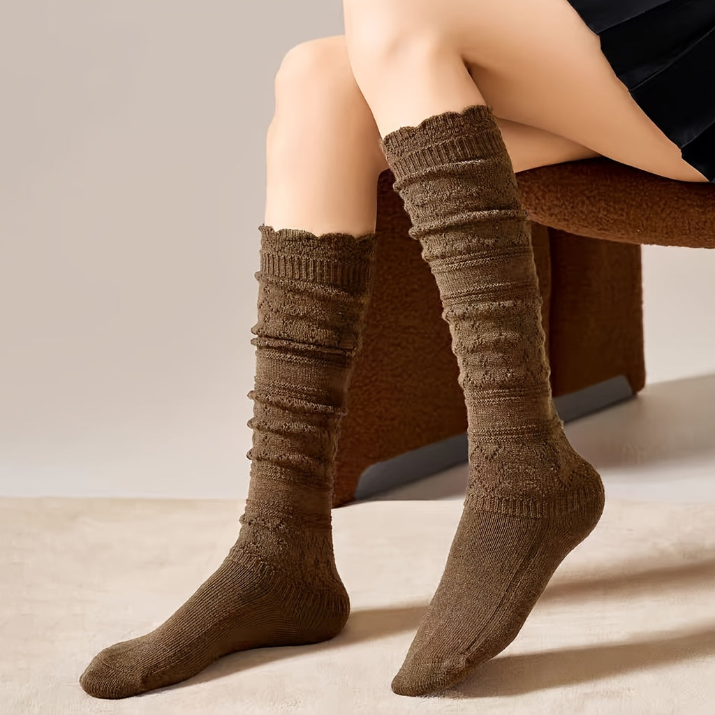 2-Pack Women's Lace Calf Socks, Vintage Hollow-Out Over-the-Calf Socks for Spring and Autumn, Elegant and Fashionable Instagram Style