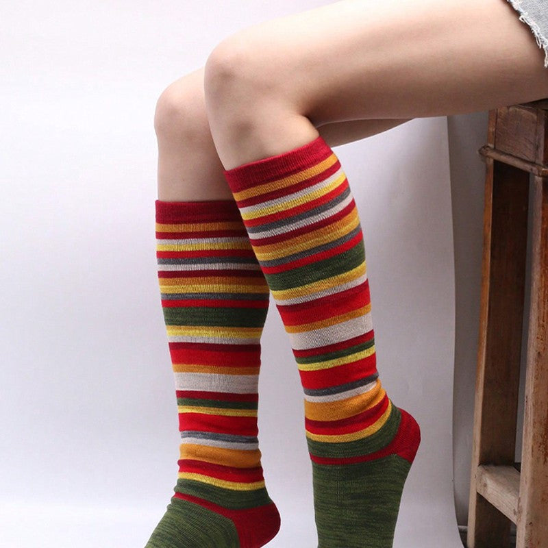 3-Pair Value Pack Women's Over-the-Knee Socks with Asymmetric Striped Design, European and American Trendy Rainbow Style, Rainbow-Colored Sporty Style