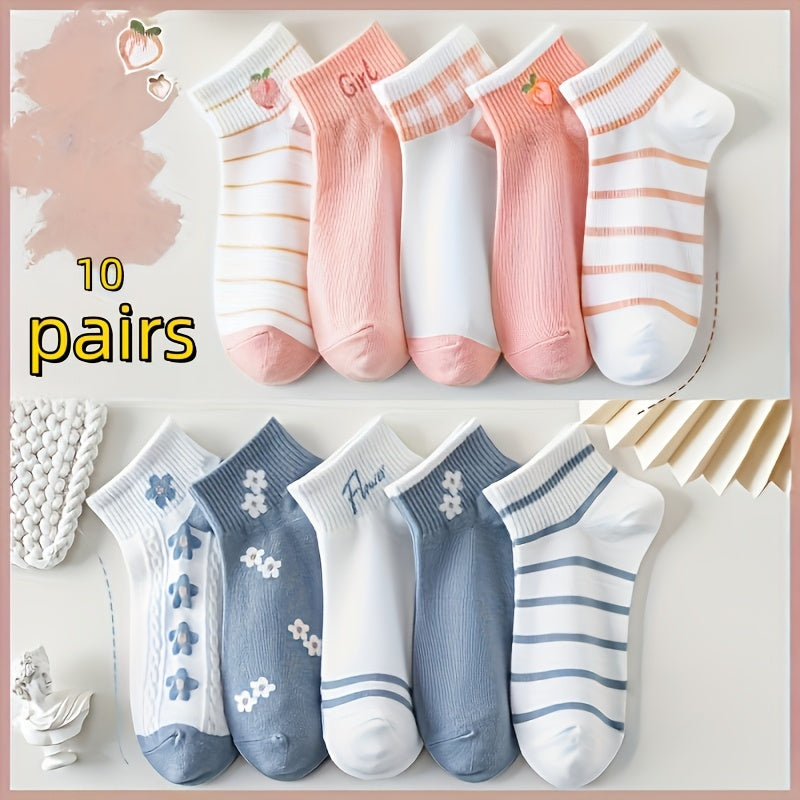 5 Pairs\u002F10 Pairs of Women'S Floral Short Socks for Spring And Summer, Comfortable, Cute, Sweet, Breathable, And Versatile