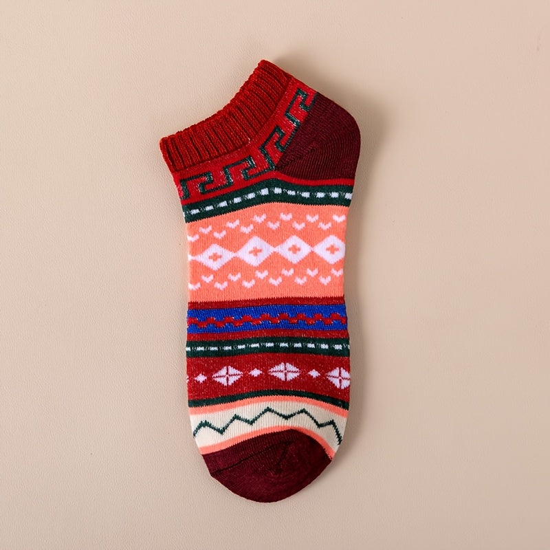 15 Pairs of Retro Ethnic-Style Short Socks for Spring And Summer with Contrasting Patterns, Trendy And Versatile Women'S Socks