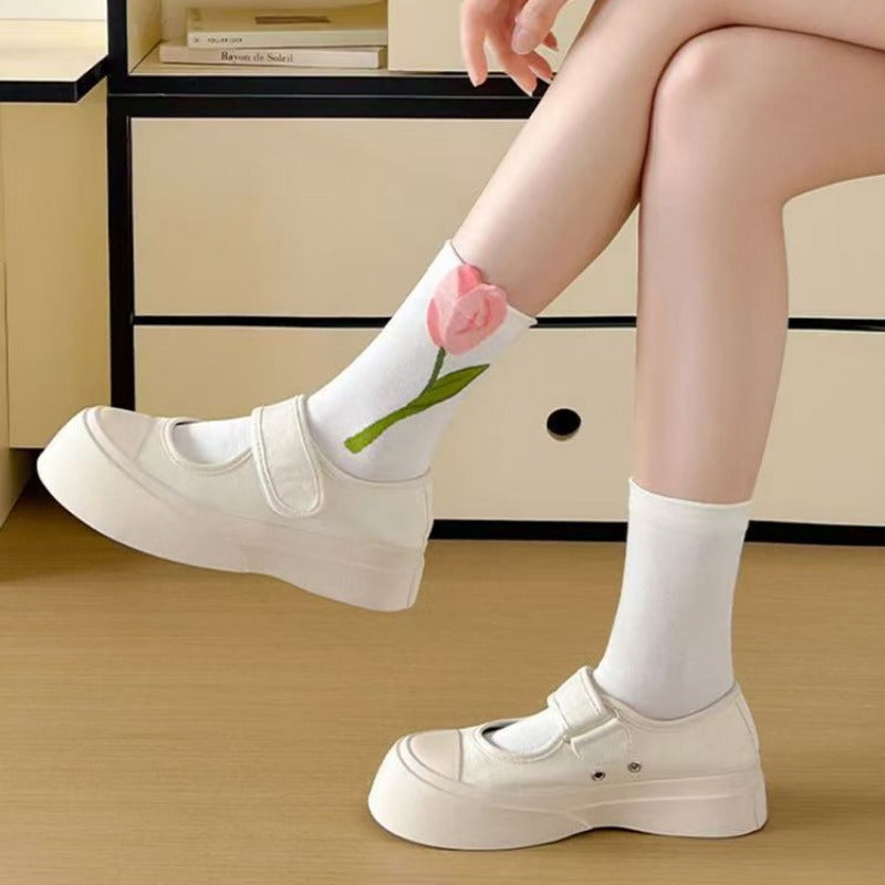 10\u002F20\u002F30 Pairs of New Women'S Spring And Autumn Boneless Socks, Tulip Mid-Length Socks, Sweet And Versatile Long Socks Suitable for All Seasons
