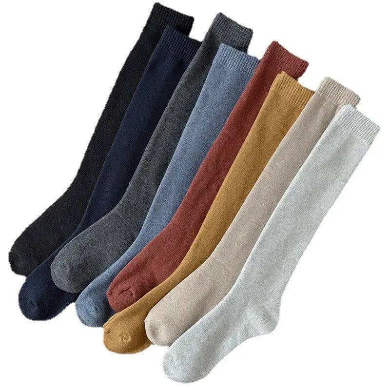 6 Pairs of Men'S Thick Warm Knee Socks - Pure Winter Warmth, Textured Loop Fabric, Multi-Color Set (Black, Dark Gray, Navy Blue, Wine Red, Khaki, Beige) - Elbow-Length Cold-Resistant Tights