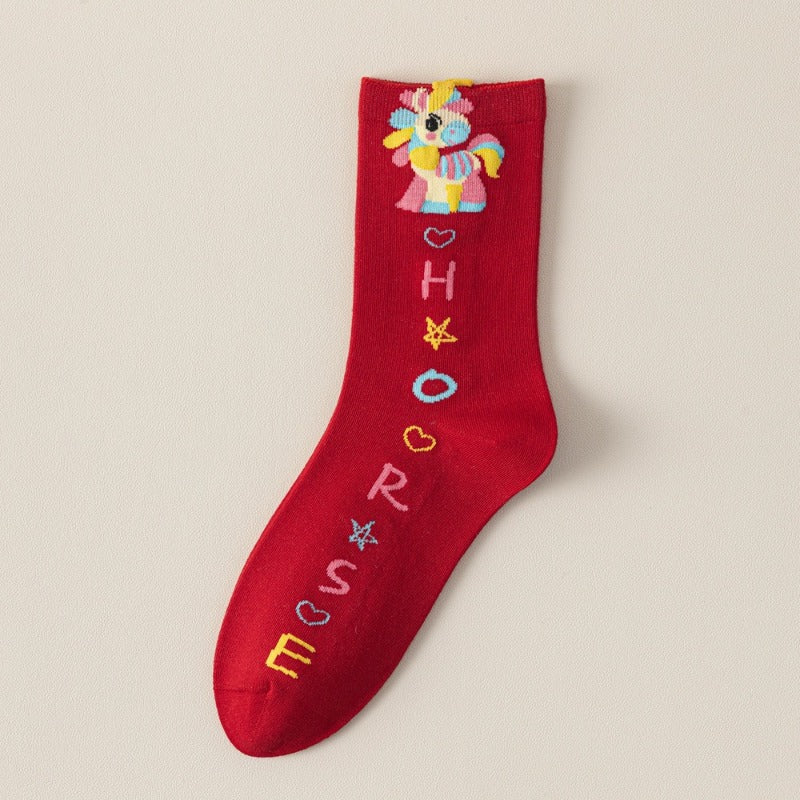 5 pairs of Festive Wedding Socks | Big Red Cartoon Rainbow Horse Chinese New Year Female Medium Tube Socks, Acrylic, Fabric, Geometric Pattern, Hand Wash or Professional Dry Clean